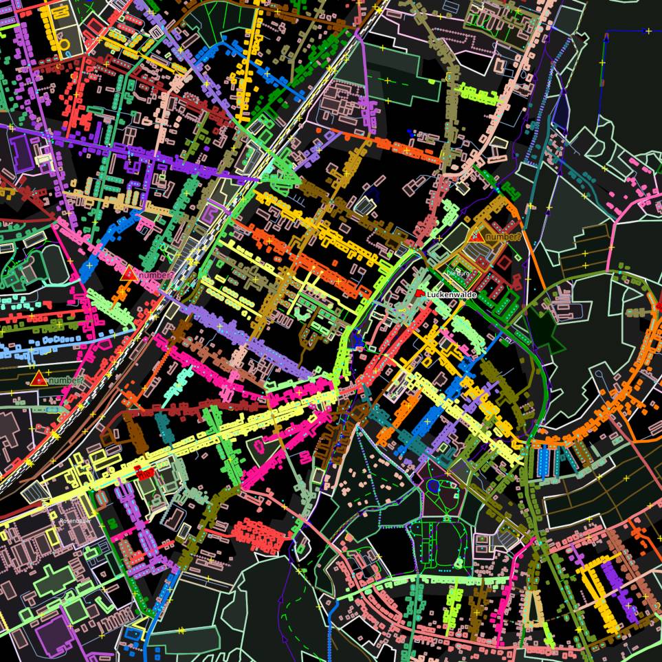 Screenshot of the JOSM editor with activated map style "Coloured Streets"
