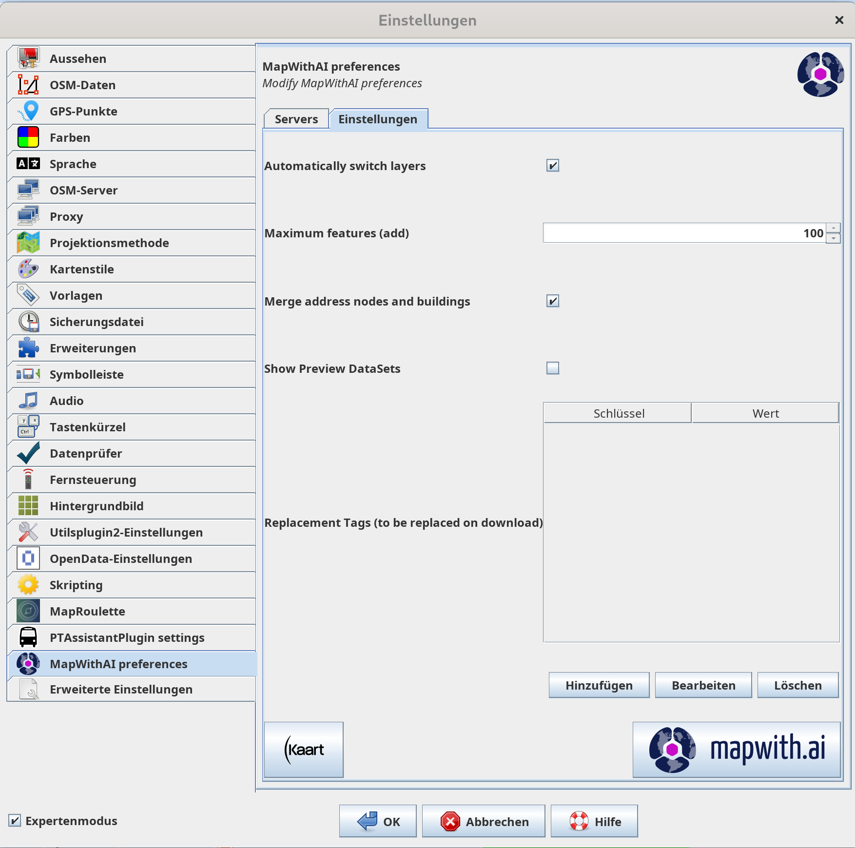 Bildschirmfoto des Einstellungs-Dialogs des MapWithAI-Plugins in JOSM