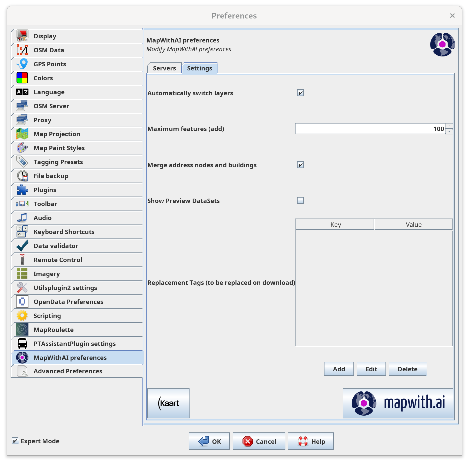 Screenshot of the settings dialog of the MapWithAI plugin in JOSM